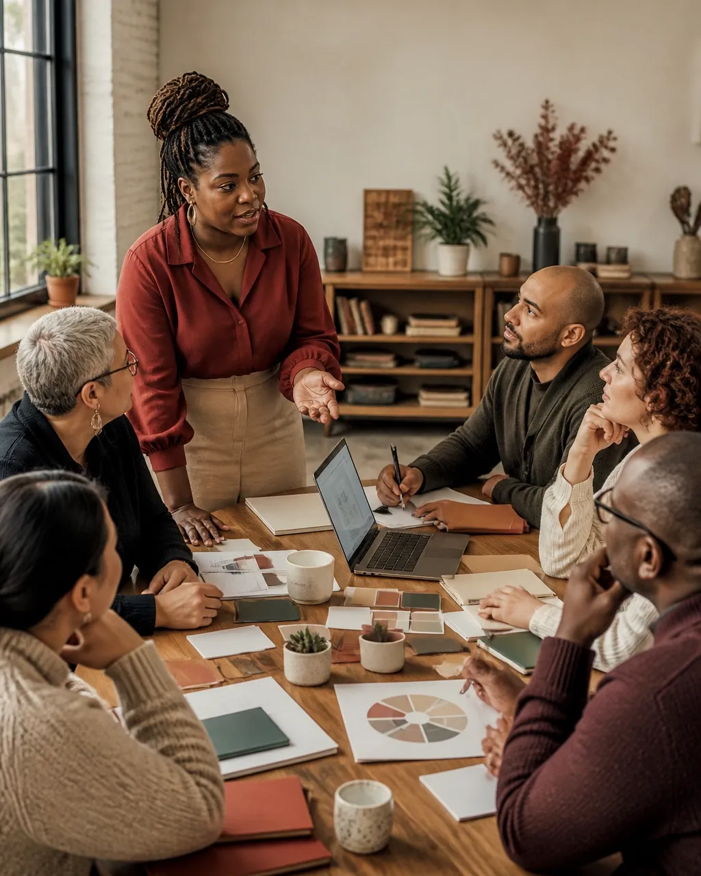 Black woman fundraising strategist leading a diverse group of nonprofit leaders through a planning session.